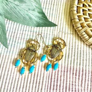 2/$30🌵 Vintage Style Gold Winged Scarab Aqua Bead Earrings Insect Egyptian NEW